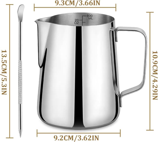 Detalle de Milk Frothing Pitcher 20oz / 600ml with Latte Art Pen – Stainless Steel Steaming Jug (Milk Frother Cup)