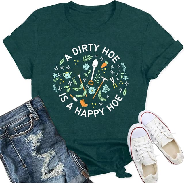Detalle de Qskall women’s garden T-shirt – “A Dirty Hoe is a Happy Hoe” slogan plant lover tee