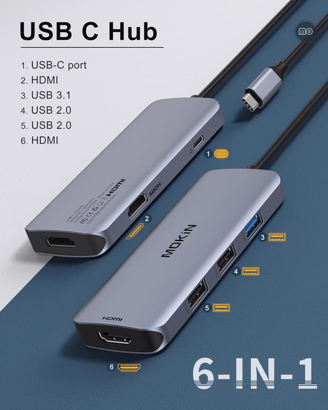 Detalle 2 de MOKiN USB-C Hub mit Dual-HDMI (6-in-1, 4K) und Power Delivery bis 100 W