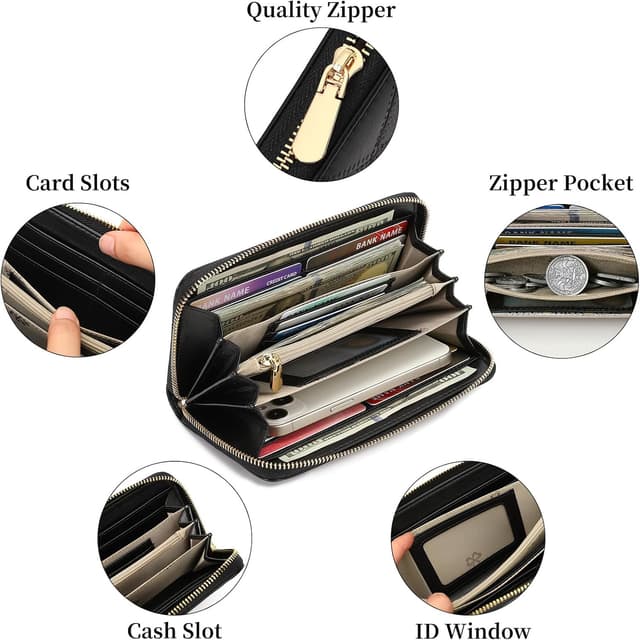 Detalle de SENDEFN RFID leather women’s wallet with wristlet — large capacity clutch purse