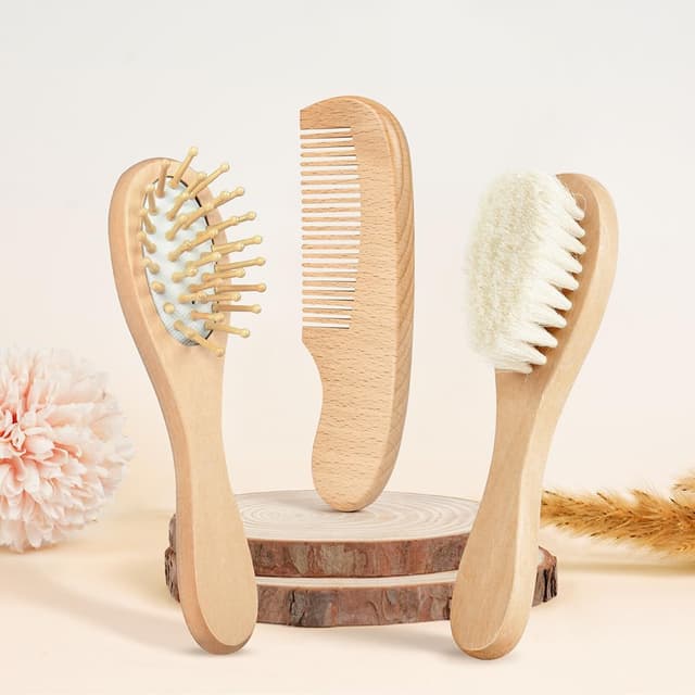 Thumbnail 6 de Aolso Baby Hair Brush set (3 pcs) with wooden handles for gentle scalp care