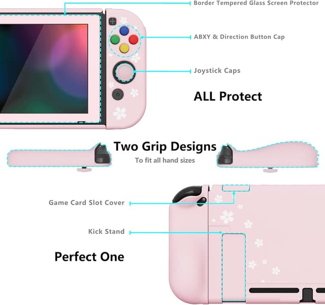 Detalle 1 de Playvital AlterGrips Dockable Protective Case for Nintendo Switch (Cherry Blossoms Petals) with screen protector and grip caps