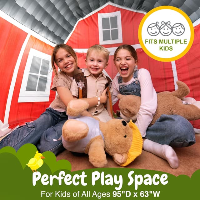 Detalle de W&O Farmhouse Barn Inflatable Play Tent with LED Lights, Farm Sound Button & Fan Setup (Fan Not Included)