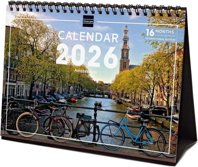 Detalle de Finocam Tischkalender 2026 Monatsansicht (Jan–Dez 2026 + Sep–Dez 2025 reduziert) mit mehrsprachigem Inhalt