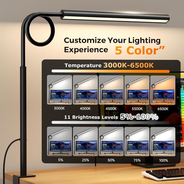 Detalle 2 de WHW3WIN LED Desk Lamp 12W — 5 modes, clamp