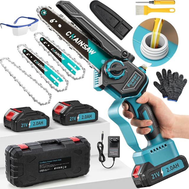Detalle de VIWKO Mini tronçonneuse sans fil 6 pouces 1000 W brushless, compatible Makita 18V (2 batteries 2000 mAh + 3 chaînes)