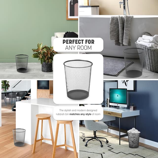 Detalle de KEPLIN Round Trash Can Bin (Charcoal Black) – 1 Pack Metal Mesh Bin