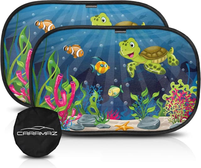 Detalle de CARAMAZ Car Window Shades for Baby (48 x 30 cm) – Turtle Design, UV Protection, Pack of 2 with Suction Cups