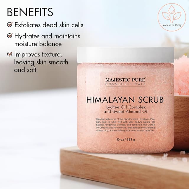 Detalle de Majestic Pure Himalayan Salt Body Scrub with Lychee Oil, Exfoliating Salt Scrub (10 oz tub)