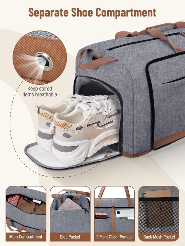 Detalle 2 de Lekesky Reisetasche Damen 60L – faltbare Weekender-Sporttasche mit Schuhfach und wasserdichtem Material (Grau)