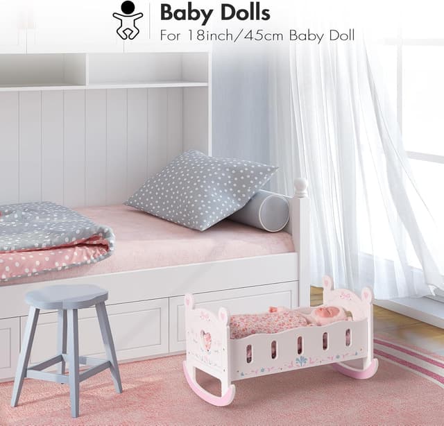Detalle de ROBOTIME Wooden Baby Doll Crib for 18-24 Inch Dolls (with blanket and pillow) — rocker doll cradle bed