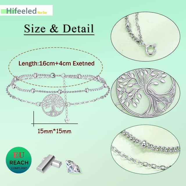 Detalle de Hifeeled Damen Armband aus 925 Sterling Silber mit Doppelkette und Lebensbaum-Anhänger, verstellbar (16+4 cm)