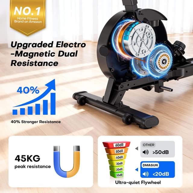 Detalle 2 de DMASUN upgrade magnetic rowing machine for home gym with 16/32 resistance levels, app compatibility and 350 lb capacity