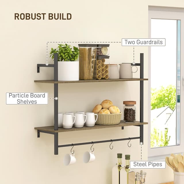 Detalle de HOMCOM Floating Shelves wall-mounted shelf with 4 hooks (80cm) in grey