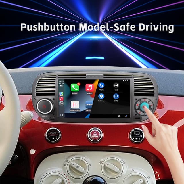 Detalle 2 de Autoradio doppio DIN per Fiat 500 con touchscreen, USB, Bluetooth, FM/AM e Linux (CarPlay/Android Auto wireless)