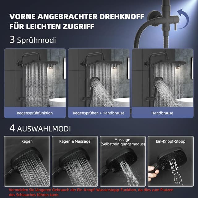 Detalle de Hibbent selbstreinigender Regenduschkopf-Set mit Edelstahl-Duschstange, 4-Wege Handbrause – höhenverstellbar, schwarz