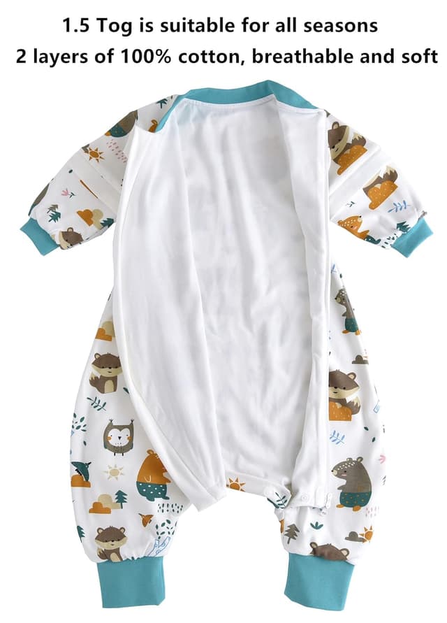 Detalle de Chilsuessy Baby Ganzjahres-Schlafsack 1,5 Tog aus 100% Baumwolle mit abnehmbaren Ärmeln und Füßen – Dschungeltiere