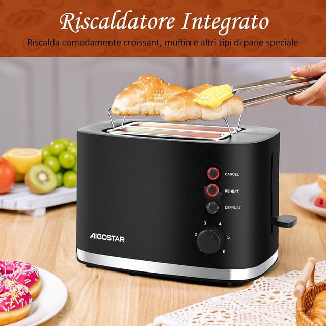Detalle de Aigostar Energy tostapane a 2 fette con fessure extra larghe, centratura automatica e 6 livelli