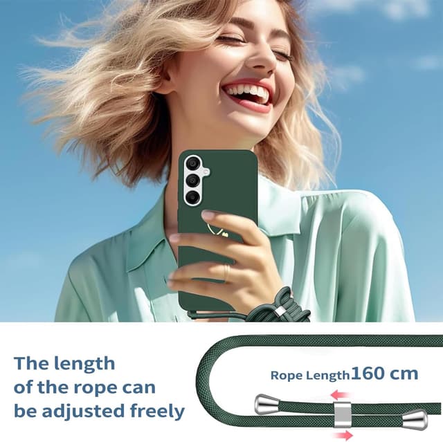 Detalle 2 de Yichxu Handyband-Hülle für Samsung Galaxy A05s (Grün) mit Trageband und Kette, stoßfeste Liquid-Silikon/TPU-Schutzhülle