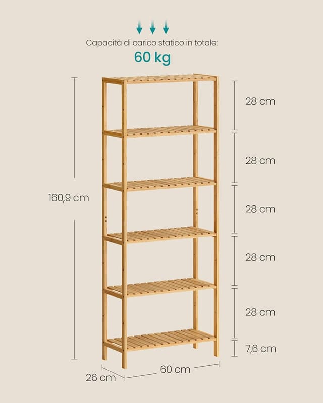 Detalle de SONGMICS Scaffale portaoggetti in bambù con 6 ripiani regolabili BCB036Y01, 26 x 60 x 160,9 cm