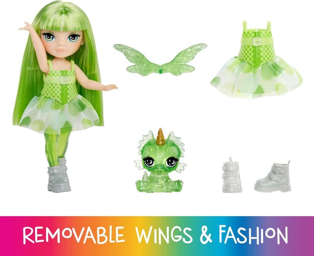 Detalle de Rainbow High Littles Emerald (grün) – 14 cm bewegliche Feenpuppe mit Fantasie-Drachen & wechselbaren Flügeln