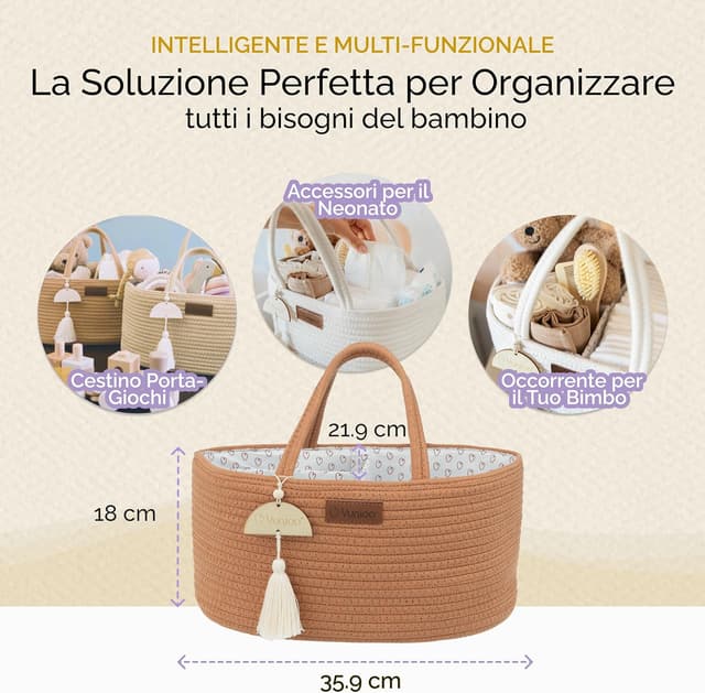 Detalle de Yunioo Cestino Porta Pannolini: organizer per fasciatoio per neonati con maniglie robuste e scomparti staccabili