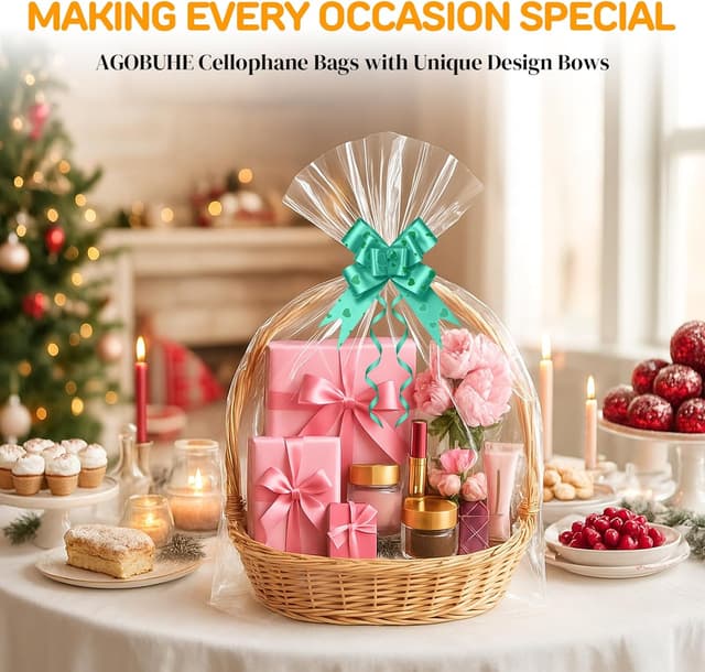 Detalle de 24Pcs Cellophane Bags with Pull Bows (14 x 20 in) for Hampers and Gift Wrapping