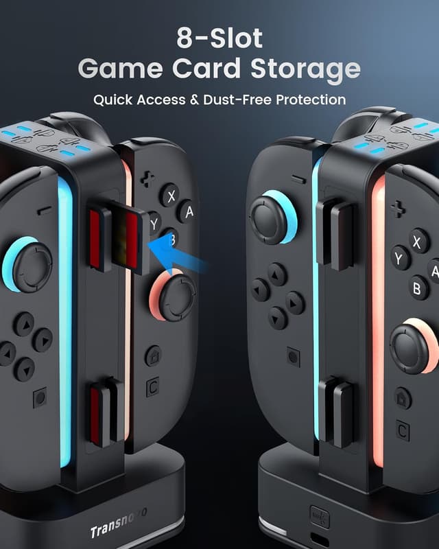 Detalle de TRANSNOVO Charging Dock for Nintendo Switch 2 (4-Slot) with RGB Lights and 8 Game Card Storage