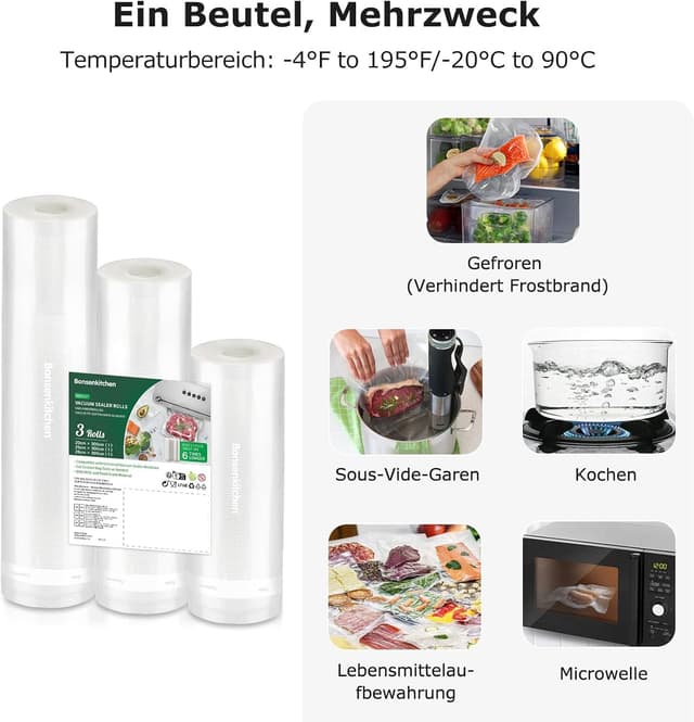 Detalle de Bonsenkitchen Vakuumrollen 20/25/28 x 300 cm (3 Rollen) – Profi-Vakuumierfolie für Vakuumierer