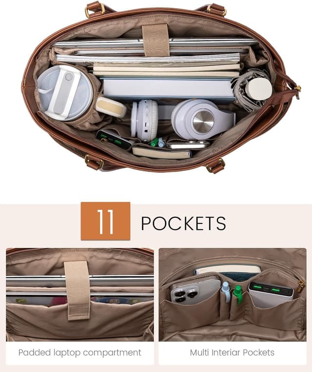 Detalle de LOVEVOOK 15.6-Inch Laptop Bag for Women — Vintage Vegan Leather Work Tote with Cup Holder