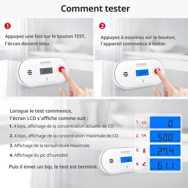 Thumbnail 3 de Détecteur de monoxyde de carbone 10 ans avec écran LCD 🏠