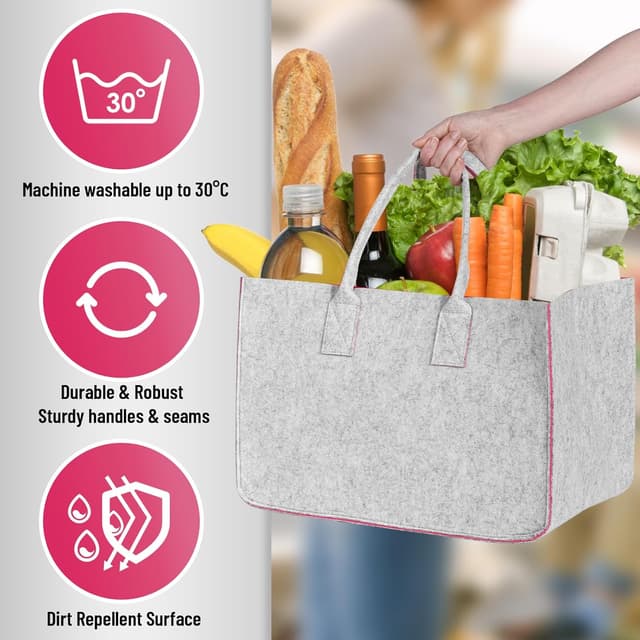 Detalle de Sinand 30L Einkaufskorb aus Synthetikfilz – faltbare Einkaufstasche mit Henkel, hellgrau/Rosérot