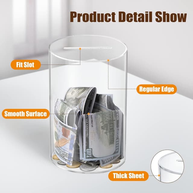 Detalle de hicocool Clear Acrylic Piggy Bank (Unopenable Money Saving Box) — 10" H x 6" D