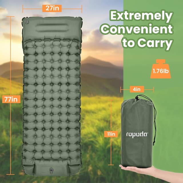 Detalle de ROPOODA Camping Mattress self-inflating sleeping mat with built-in foot pump and pillow, grey (77'' x 27'' x 3.9'')