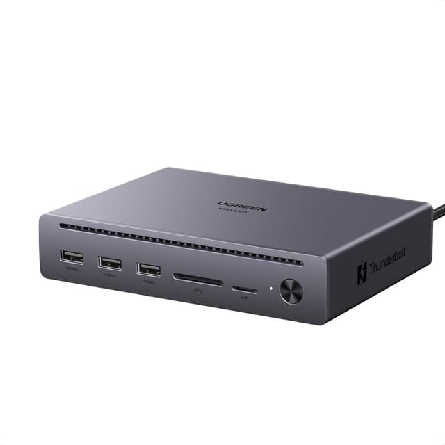 Detalle de UGREEN Maxidok Thunderbolt 5 Docking Station Revodok 10 in 1 con 2×TB5 120Gbps, DisplayPort 8K60 e RJ45 Gigabit