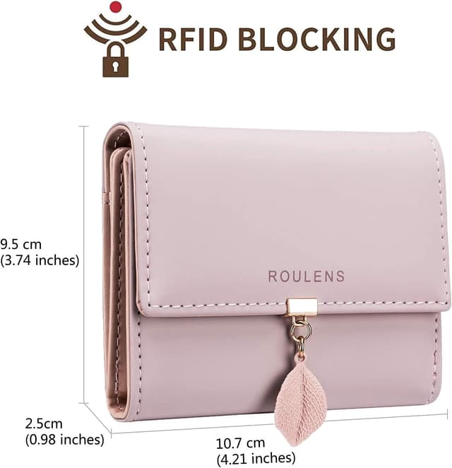 Detalle de Roulens Ladies Purse RFID Blocking PU Leather Wallet with Zipper Coin Purse & Leaf Pendant