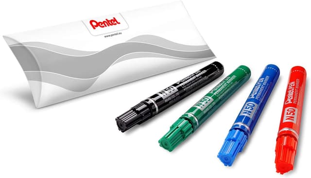 Detalle de Pentel N50 marcatore permanente a punta conica, 4 pezzi colori assortiti (nero, rosso, blu, verde)
