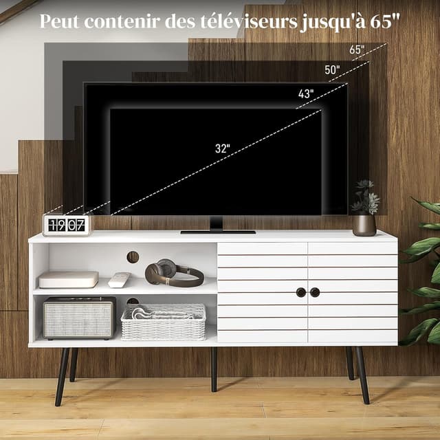 Detalle 2 de HOMCOM Meuble TV blanc pour téléviseur jusqu’à 65 pouces, 2 compartiments ouverts et étagère réglable