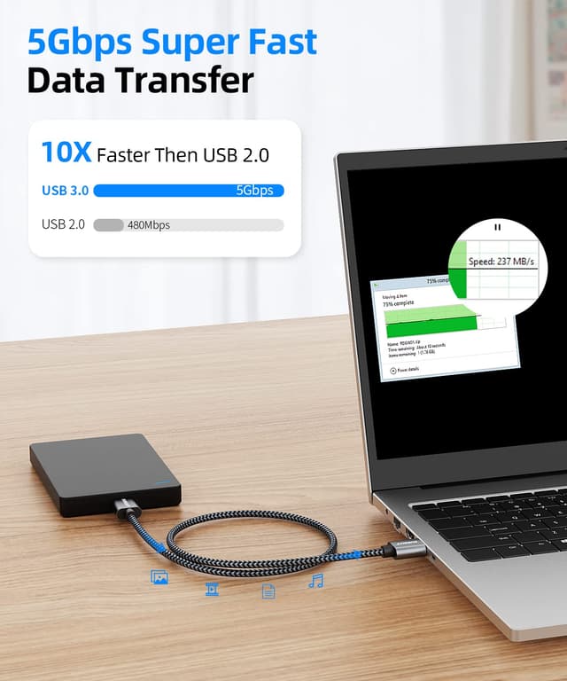 Detalle 2 de SUNGUY USB-3.0-Micro-B-Kabel (USB-A auf Micro-B, 1,5 m) für externe Festplatten & Smartphones