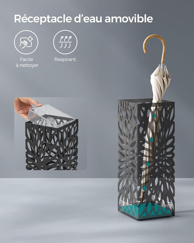 Detalle 2 de SONGMICS LUC026B33 : porte-parapluies sur pied en acier avec réceptacle d’eau amovible
