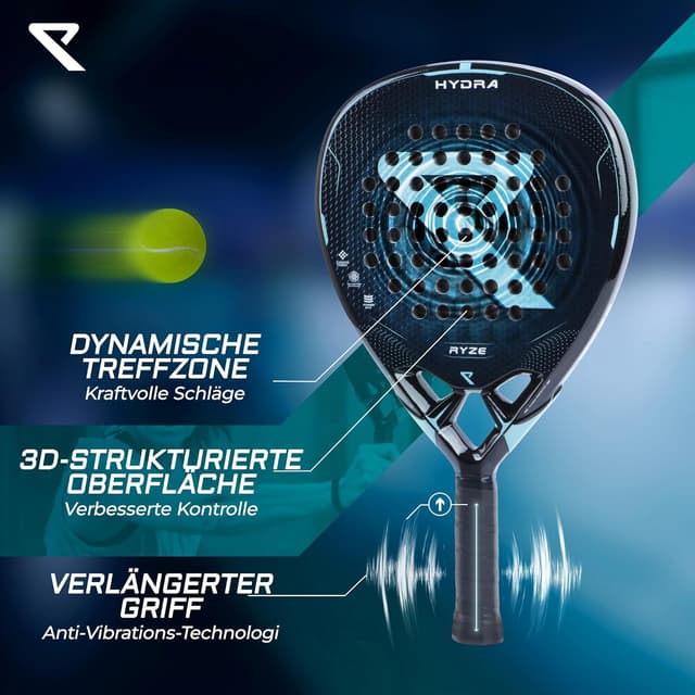 Detalle de RYZE Hydra 365 g Padel-Schläger aus 100% Kohlefaser mit EVA-18 Power Foam – Unisex inkl. Schutzhülle