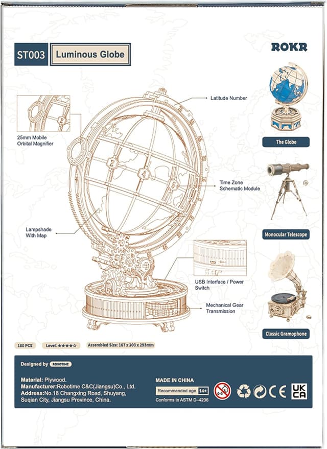 Thumbnail 6 de ROKR 3D Holzpuzzle „Leuchtender Globus“ (ST003) mit LED – drehbares Holzmodell als Schreibtischdekoration