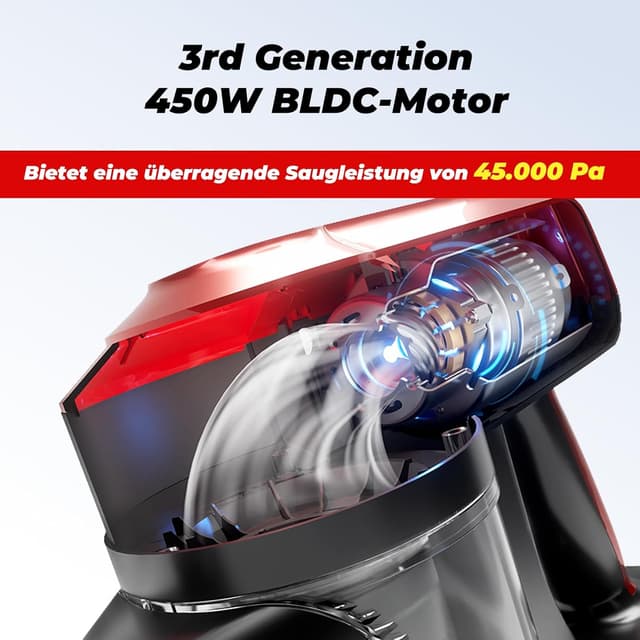 Detalle 2 de Akitas V10A Akku-Staubsauger kabellos mit 450W BLDC-Motor, 45 kPa & bis zu 60 Min Laufzeit