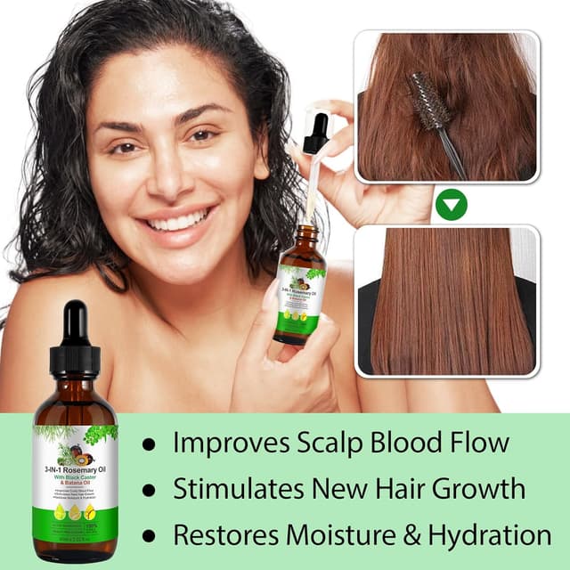 Detalle de Huile de Romarin, Ricin et Batana 3 en 1 (60 ml) pour cheveux, sourcils et cils – 100% naturel