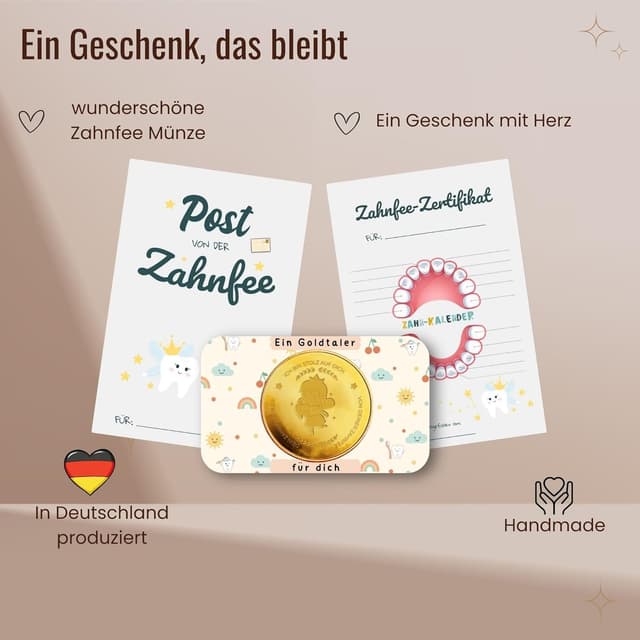 Detalle de Milaboo MilaBoo® Zahnfee Geschenkset „Goldene Glücksmünze“ mit Urkunde & Zahnzertifikat