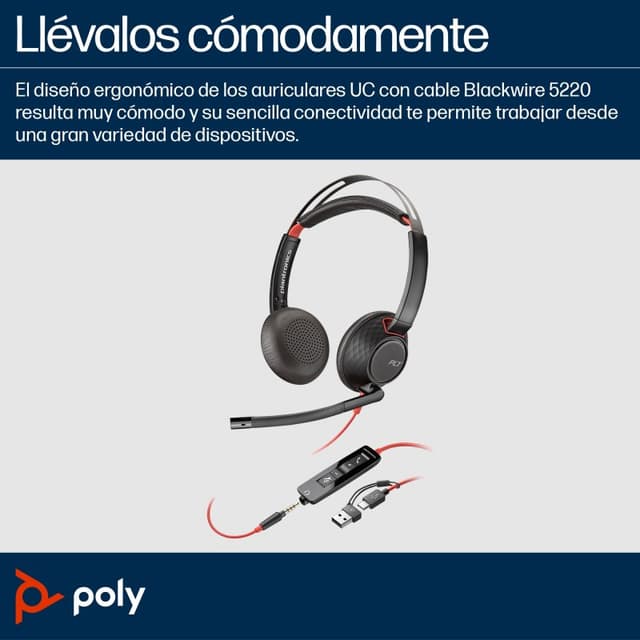 Detalle 1 de Poly Blackwire 5220 Auriculares USB-C Stereo con Conector 3.5mm