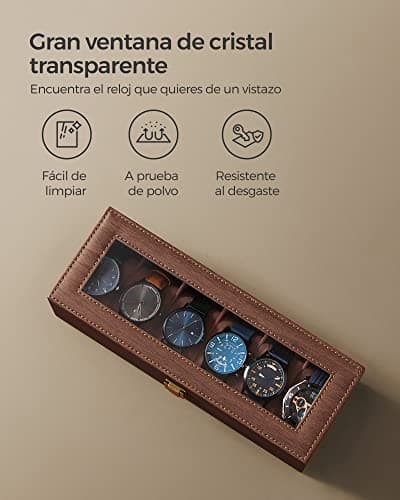 Detalle 2 de SONGMICS JWB006K01: caja para 6 relojes con tapa de cristal y cojín extraíble