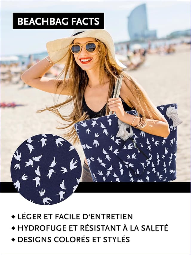 Detalle 2 de DonDon Grand sac de plage imperméable à fermeture éclair avec bandoulière