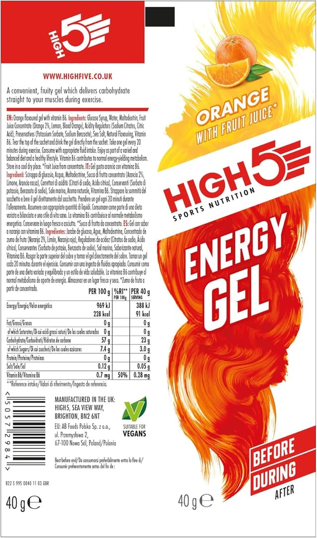 Detalle 2 de HIGH5 Running Gels Energy (Orange) – Caffeine-free energy gel with quick-release carbs, 20 x 40g