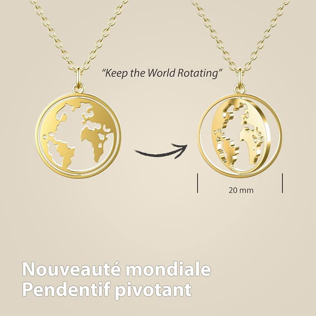 Detalle de Collier globe terrestre rotatif BONNYBIRD en acier inoxydable 316L pour femme, carte du monde